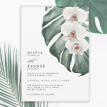 White Orchids on Monstera Tropical Wedding Invitation<br><div class="desc">Bring your dream wedding vision to life with this uniquely beautiful tropical wedding invitation design. It features a trio of elegant white orchids and a beautiful Monstera leaf in painted watercolors. The design is both simple and elegant with a minimalist look energized by the tropical botanical elements. This invitation is...</div>