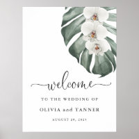 White Orchids on Monstera Tropical Wedding Welcome
