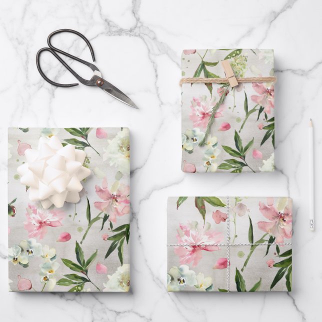White Orchids Pink Peonies & Flower Petals Garden Wrapping Paper Sheet (Front)