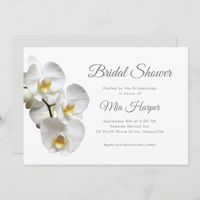 White Orchids Silver Grey Custom Bridal Shower Invitation (Front/Back)