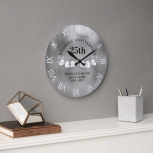 White Orchids Silver Wedding Anniversary Keepsake Large Clock