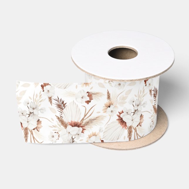 White Orchids Terracotta Flowers Desert Boho Satin Ribbon (Spool)