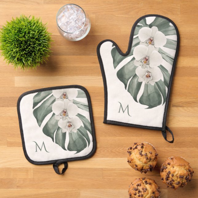 White Orchids Tropical Floral with Monogram Oven Mitt & Pot Holder Set (Top Down)