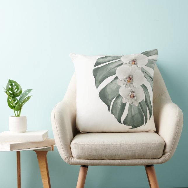 White Orchids Tropical Watercolor Floral Throw Pillow (Chair)