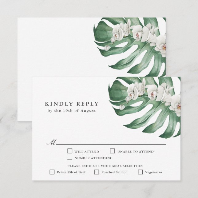White Orchids Tropical Wedding RSVP with Entrees (Front/Back)