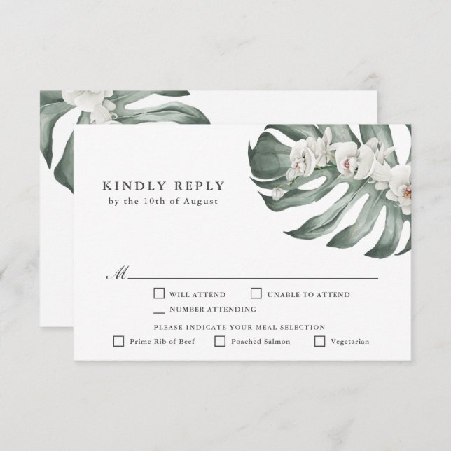 White Orchids Tropical Wedding RSVP with Entrees (Front/Back)