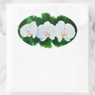 white orchids water colour floral oval sticker