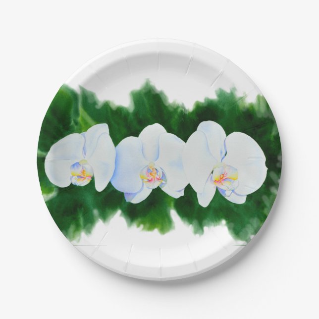 white orchids water colour floral paper plate (Front)