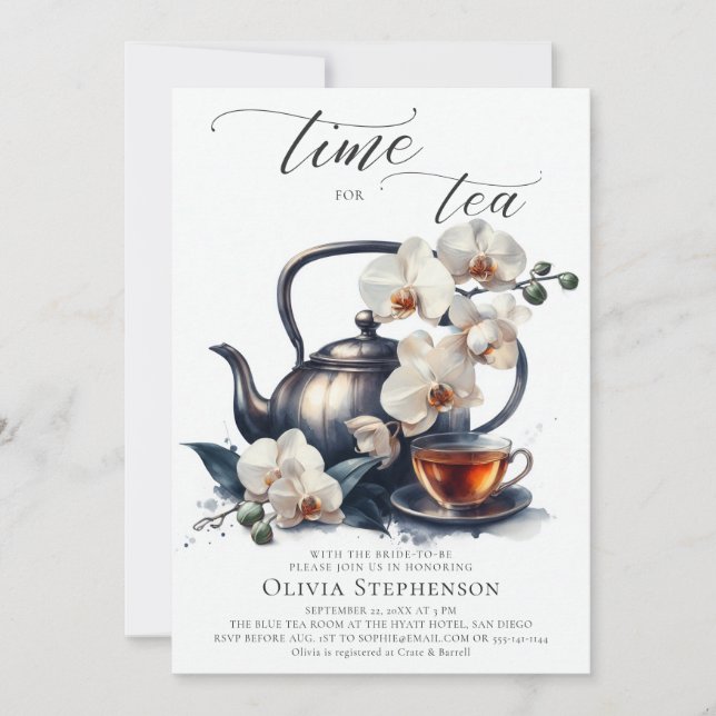  White Orchids Watercolor Script Bridal Tea Shower Invitation (Front)