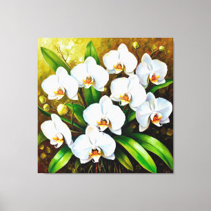 White Orchids with Green Leaves Canvas Print