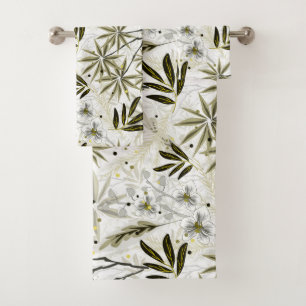 White orchids with olive tropical leaves bath towel set