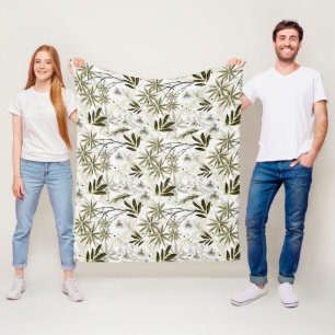 White orchids with olive tropical leaves fleece blanket