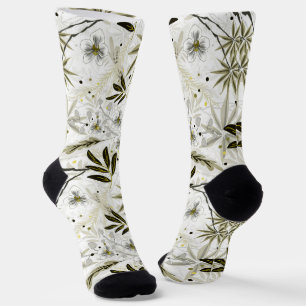 White orchids with olive tropical leaves socks