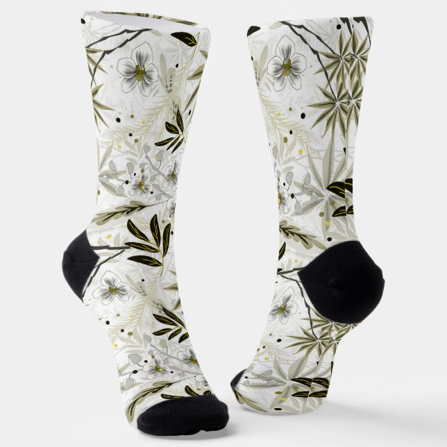 White orchids with olive tropical leaves socks (Angled)