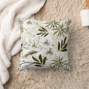 White orchids with olive tropical leaves throw pillow