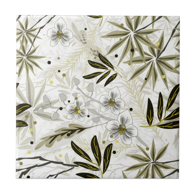 White orchids with olive tropical leaves tile (Front)