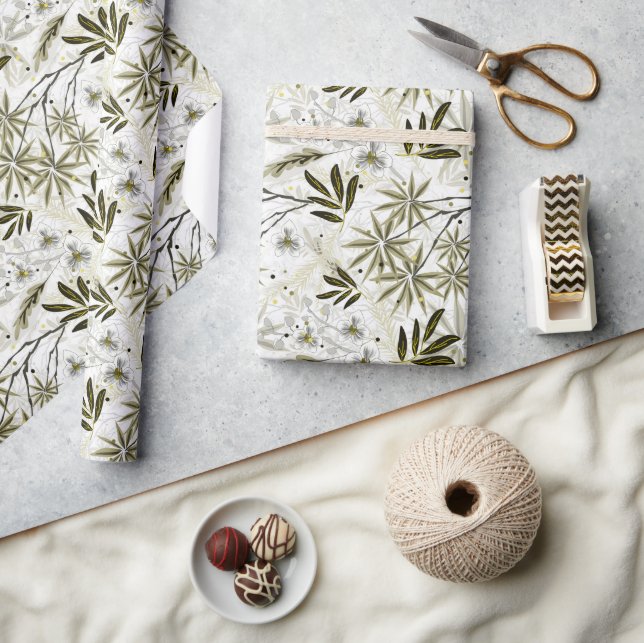 White orchids with olive tropical leaves wrapping paper (Crafts)