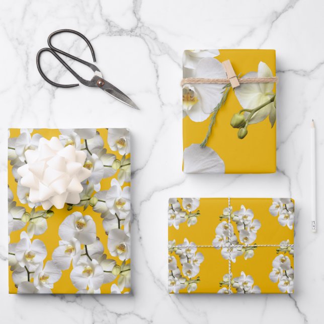 White Orchids Yellow Gold Wrapping Paper Sheets (Front)