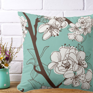 White Oriental Flower Branch Throw Pillow