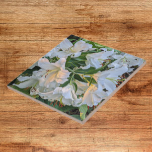 White Oriental Lily Blooms Floral Tile