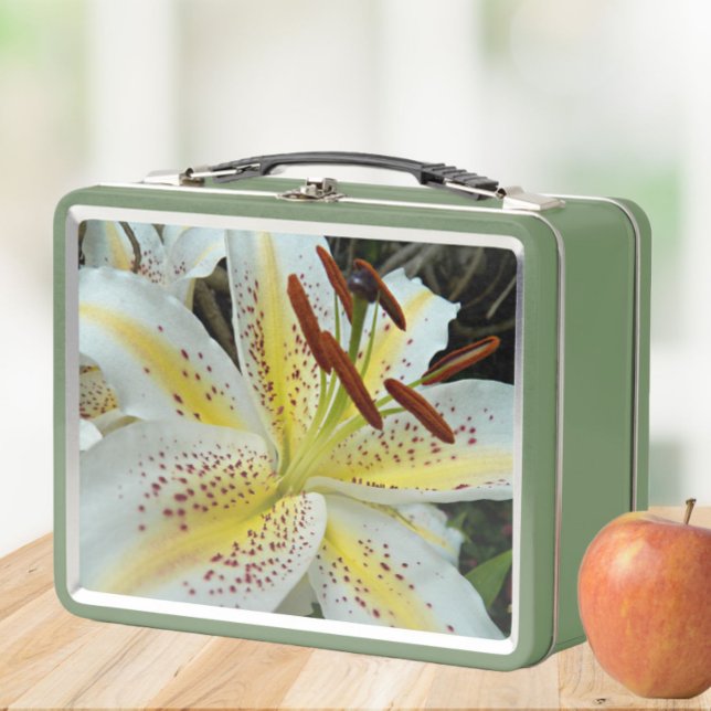 White Oriental Lily with Yellow Starburst Floral Metal Lunch Box (In Situ Apple)