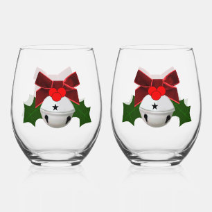 White Ornament and Holly Drinkware Set Stemless Wine Glass