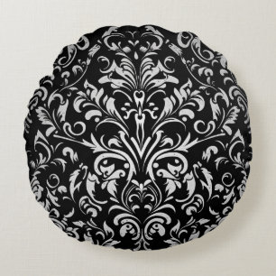 White Ornamental Damask Leaves on Deep Black Round Pillow