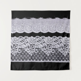 White Ornamental Lace isolated on black background Tapestry