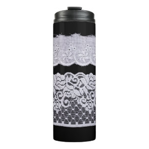 White Ornamental Lace isolated on black background Thermal Tumbler