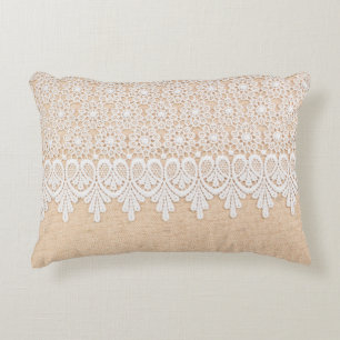 White Ornamental Lace over fabric design Accent Pillow