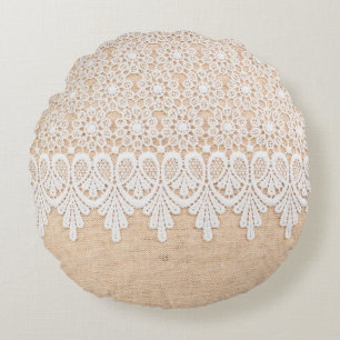 White Ornamental Lace over fabric design Round Pillow