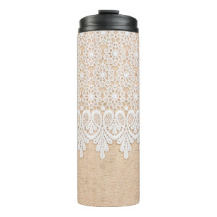 White Ornamental Lace over fabric design Thermal Tumbler