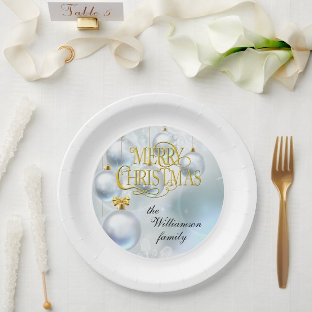White Ornaments Merry Christmas - Personalize Paper Plate (Wedding)