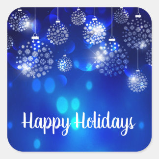 White Ornaments On Blue Happy Holiday Square Sticker