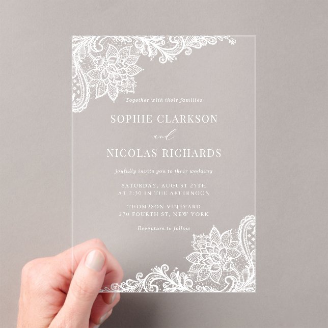 White Ornate Antique Lace Elegant Wedding Acrylic Invitations (Insitu (Handheld))