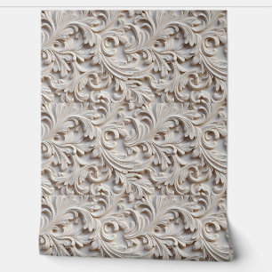 White Ornate Carved Wood Pattern Wallpaper