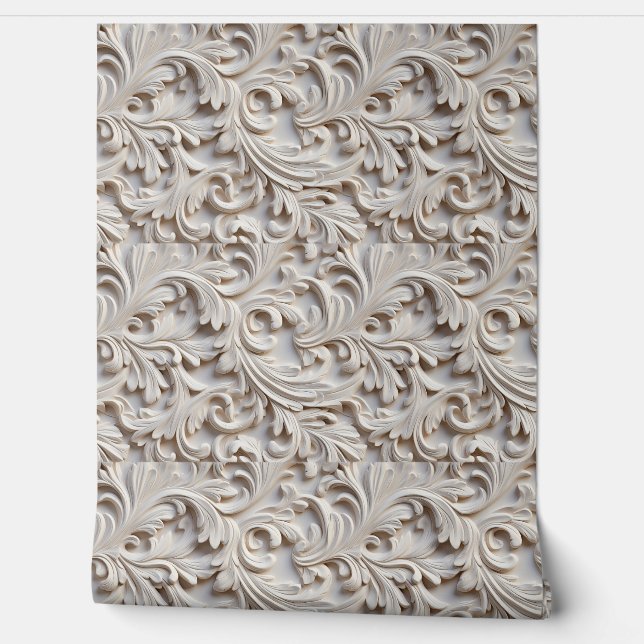 White Ornate Carved Wood Pattern Wallpaper (Unrolling)