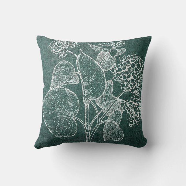 White Outline of a Large Hydrangea on Green Pillow (Back)