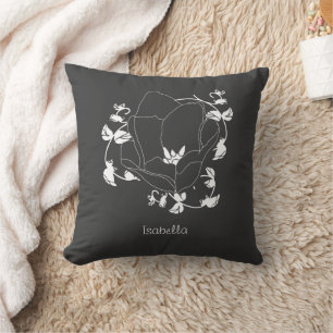 White Over Black Abstract Line Art Flower Pattern Throw Pillow