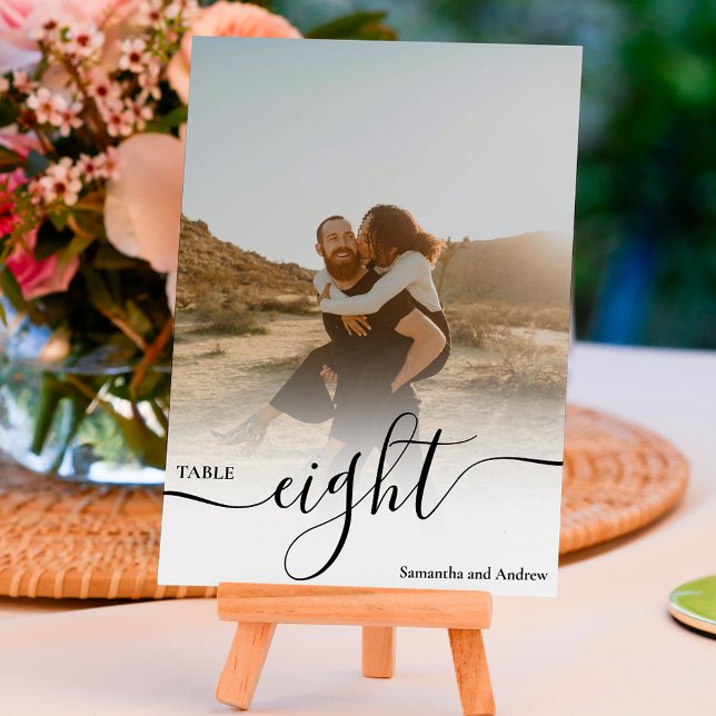 White overlay chic script names photos wedding table number (Creator Uploaded)