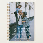White Overlay Half Wreath Year Name Photo Planner<br><div class="desc">Elegant personalized planner printed with your photo on the cover. Write the year above a hand-drawn half wreath of leaves and berries. Add your name in a white font beneath. The back features chic black and white stripes.</div>