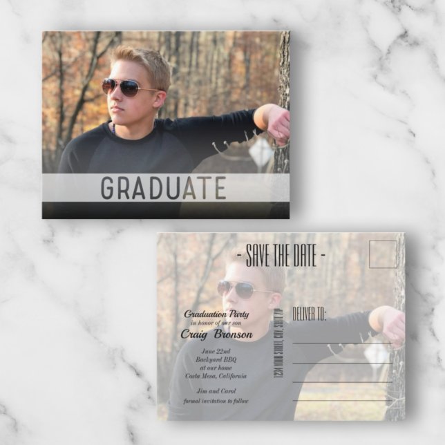 White Overlay Photo Graduation Save the Date Postcard (Creator Uploaded)