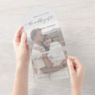 White Overlay Photo & Modern Heart Script Wedding All In One Invitation