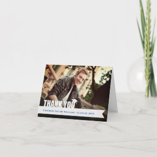 White Overlay Ribbon Graduation Cap Modern Photo Thank You Card