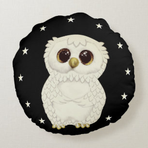 White Owl and Stars on Black Round Pillow