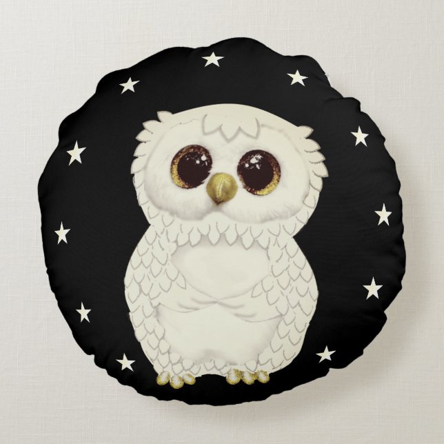 White Owl and Stars on Black Round Pillow (Back)