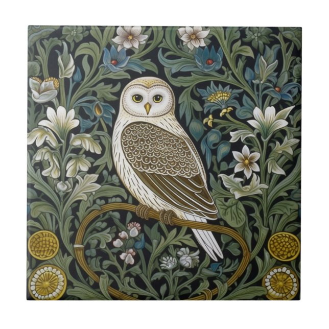 White owl art nouveau style tile (Front)