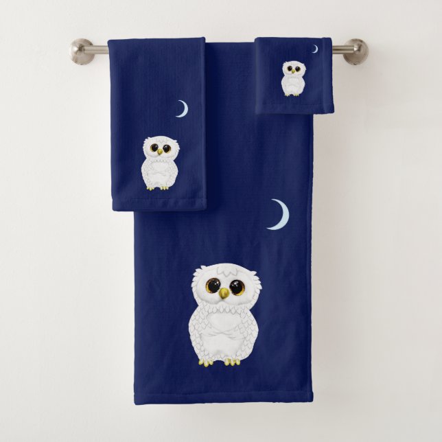 White Owl & Crescent Moon on Navy Blue Bath Towel Set (Insitu)