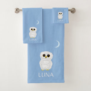 White Owl & Crescent Moon on Sky Blue Bath Towel Set