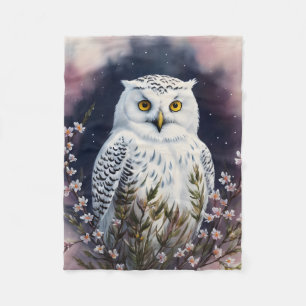 White Owl Floral Night Art Fleece Blanket